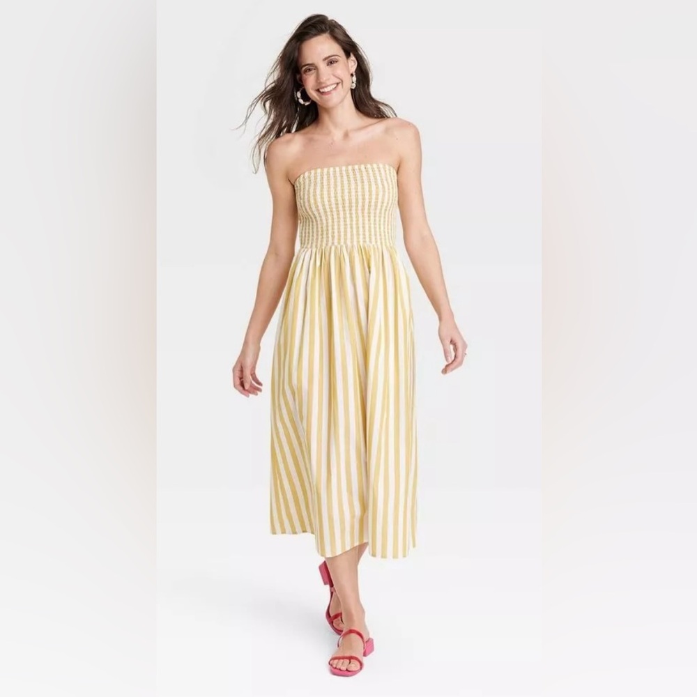 Yellow White Strapless Bandeau Smocked Sundress Midi Dress Sz S Cottagecore